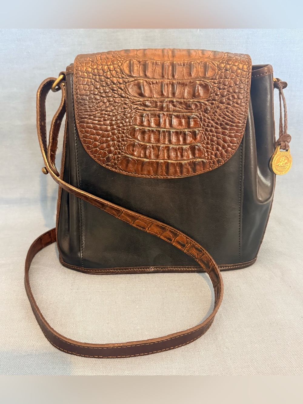 Vintage Brahmin Fairhaven Mass USA Leather Crossbody Bag – Black & Brown Croc Tr
